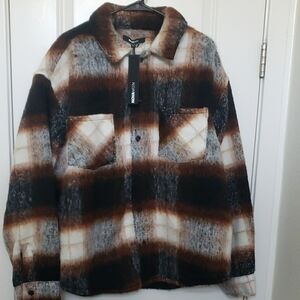Brown and Black Lightweight Shirt Jacket with Plaid Pattern